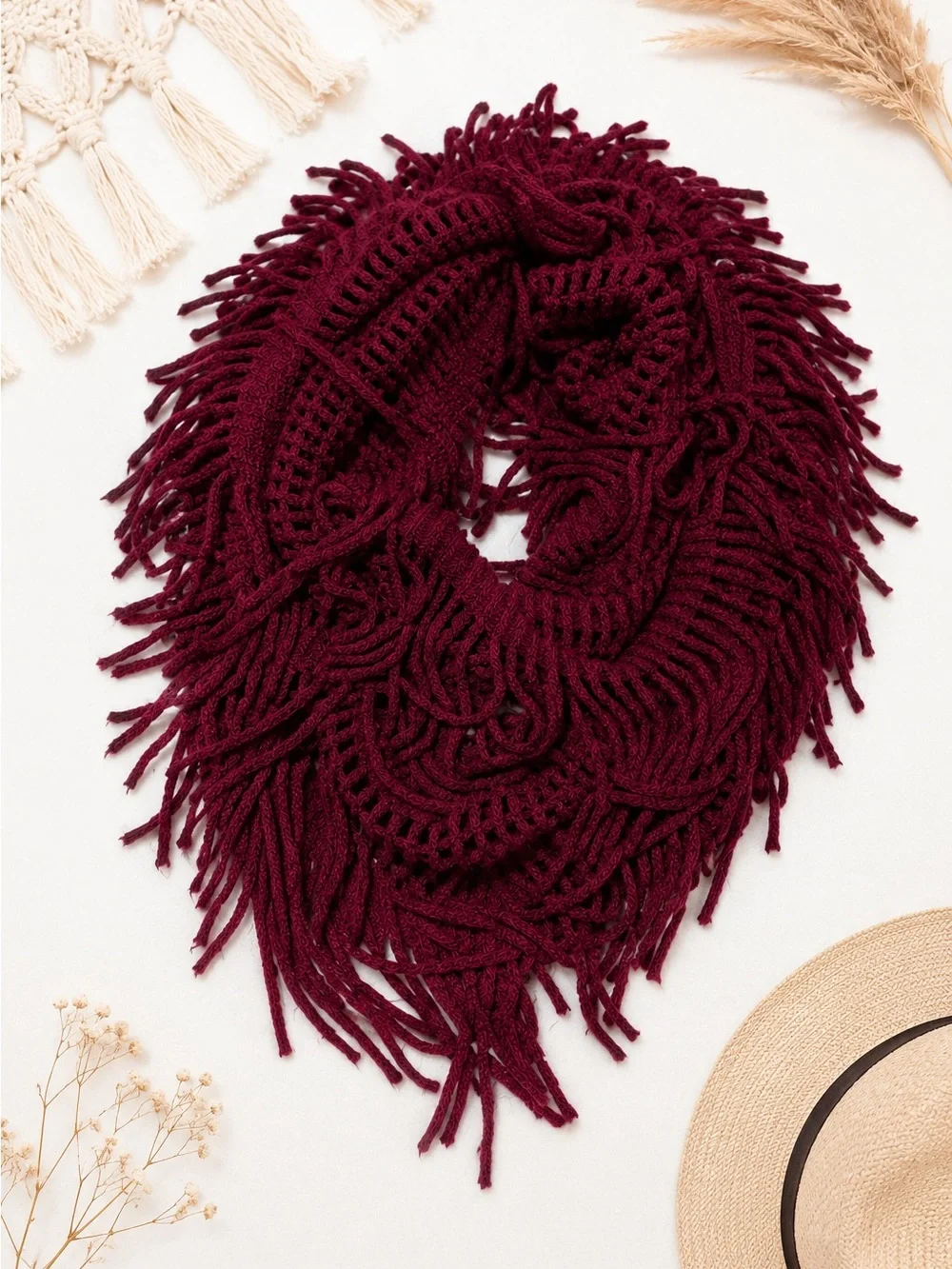 Nordstrom BP Burgundy Fringe Infinity Scarf | Boho Festival Knit Circle Scarf